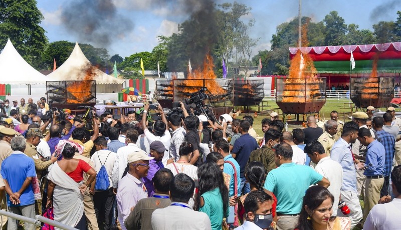 Confiscated Rhinoceros horns being burnt in the presence of Assam CM Himanta Biswa Sarma to mark the World Rhinoceros Day, in Golaghat district, Wednesday, Sept. 22, 2021. (PTI Photo)